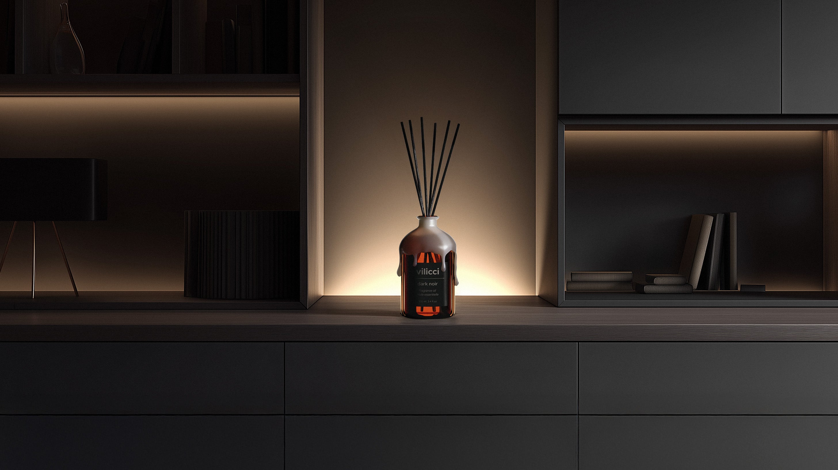 Vilicci Dark Noir home diffuser displayed in ambient lighting with black reeds and decorative glass bottle
