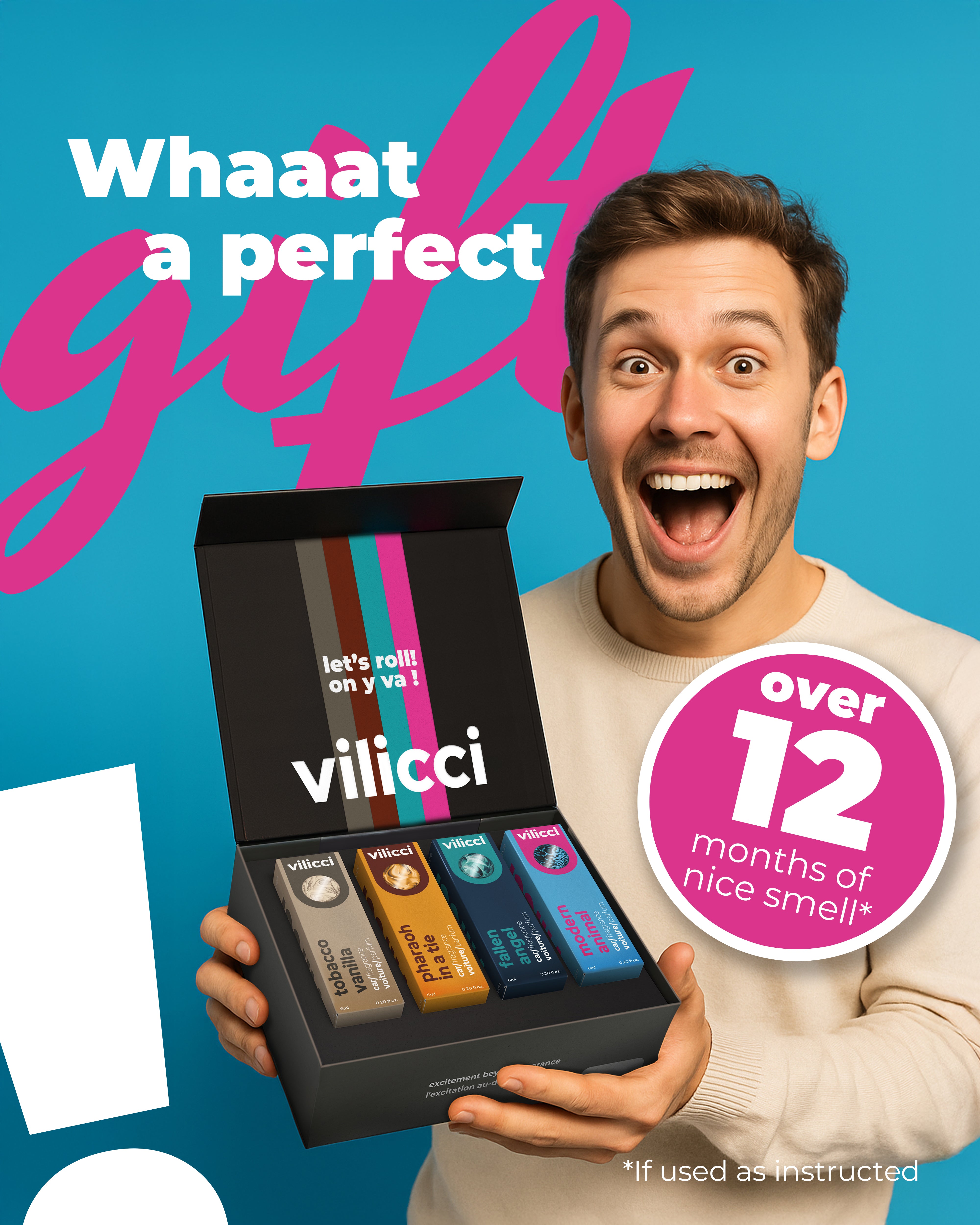 Excited man holding Vilicci gift set featuring four premium car fragrance diffusers: Tobacco Vanilla, Pharaoh in a Tie, Fallen Angel, and Modern Animal