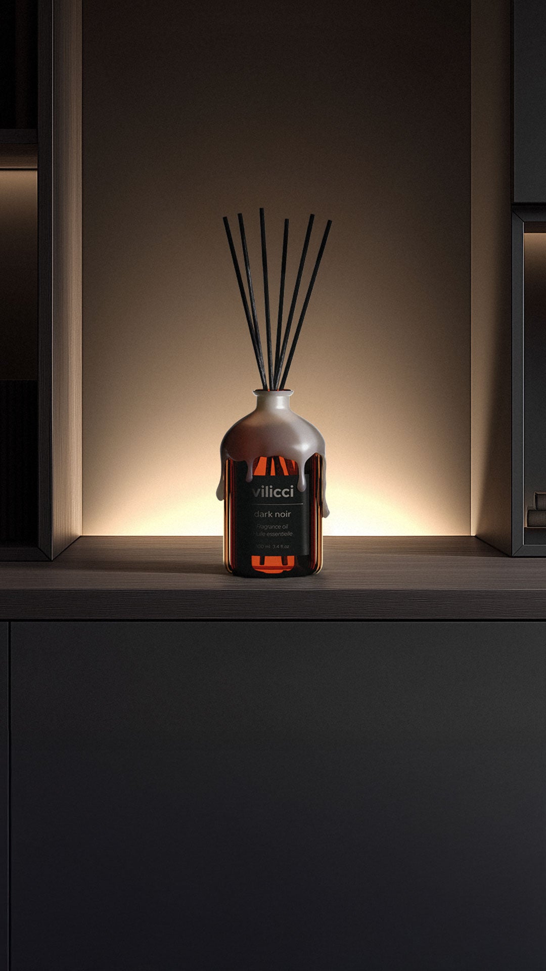 Vilicci Dark Noir home diffuser displayed in ambient lighting with black reeds and decorative glass bottle
