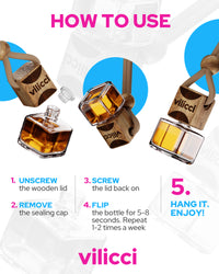 Step-by-step visual guide showing how to activate and use Vilicci hanging car fragrance diffuser

