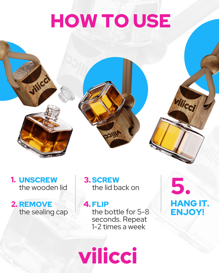 Step-by-step visual guide showing how to activate and use Vilicci hanging car fragrance diffuser

