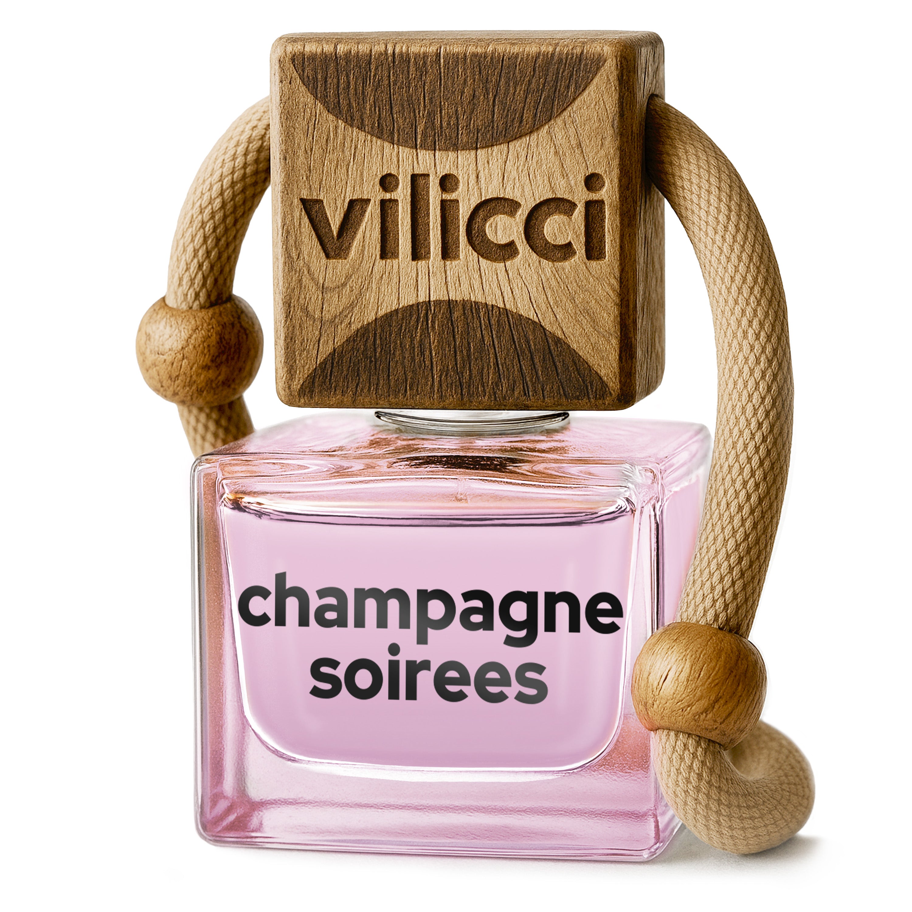 Vilicci Champagne Soirees car diffuser with sparkling golden liquid and engraved wooden lid

