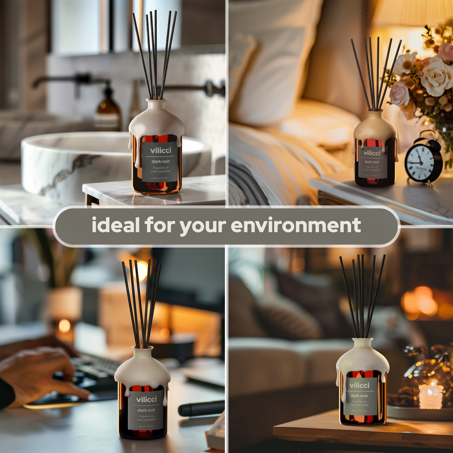 Vilicci Dark Noir home diffuser styled in various living spaces including bathroom, bedroom, office, and living room

