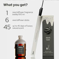Vilicci Dark Noir home diffuser set with 100ml fragrance bottle, 6 reeds, and up to 45 days of scent

