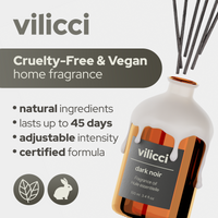 Vilicci Dark Noir home fragrance with natural ingredients, certified formula, cruelty-free and vegan claims, and adjustable scent intensity

