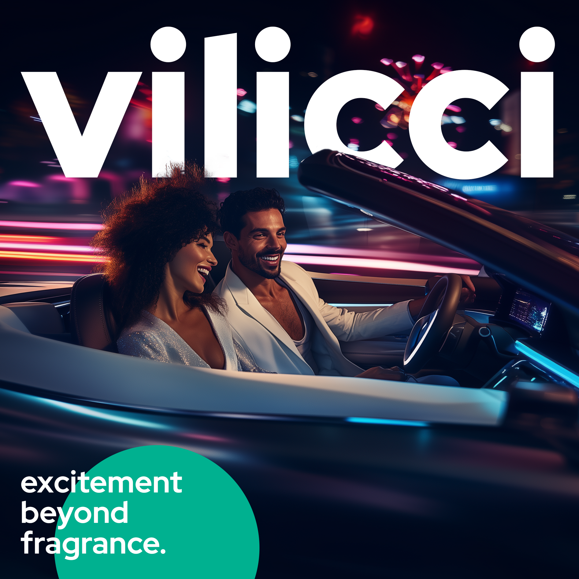 Diamond Spirit car diffuser from Vilicci showcased in luxury lifestyle image with nighttime motion blur
