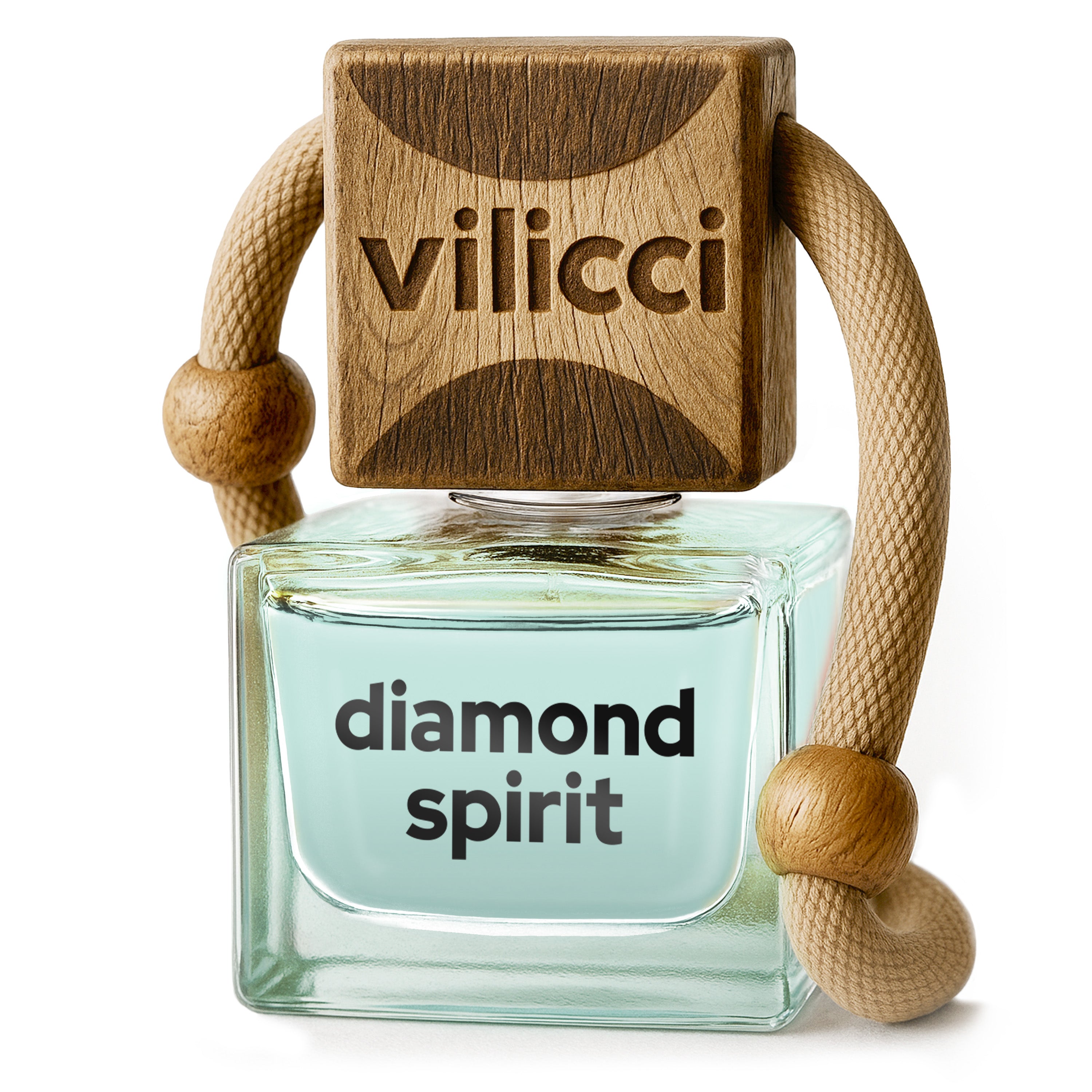 Vilicci Diamond Spirit car diffuser with clear glass bottle, silver-hued label, and wooden cap


