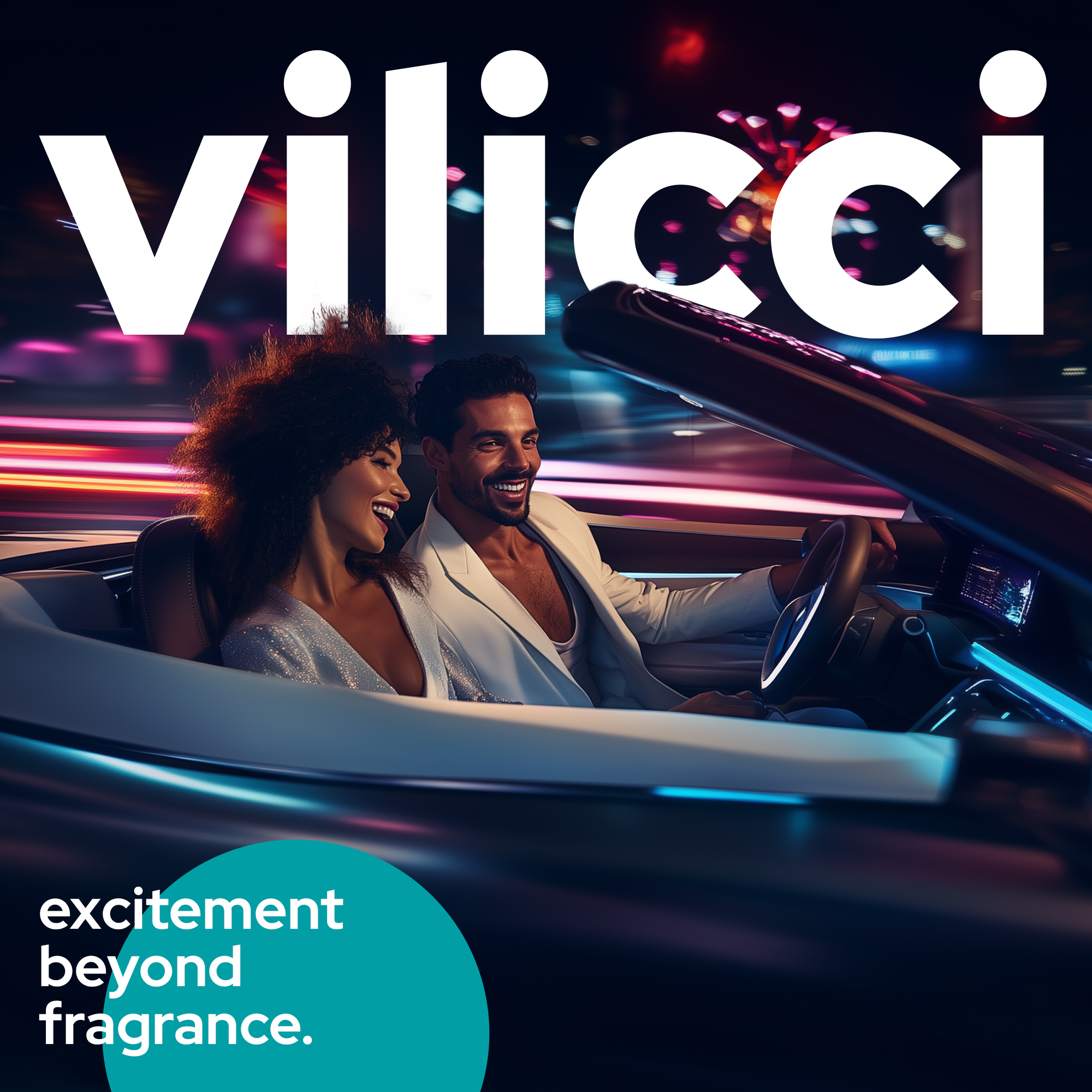 Fallen Angel car scent by Vilicci shown in romantic, fast-paced night drive lifestyle scene