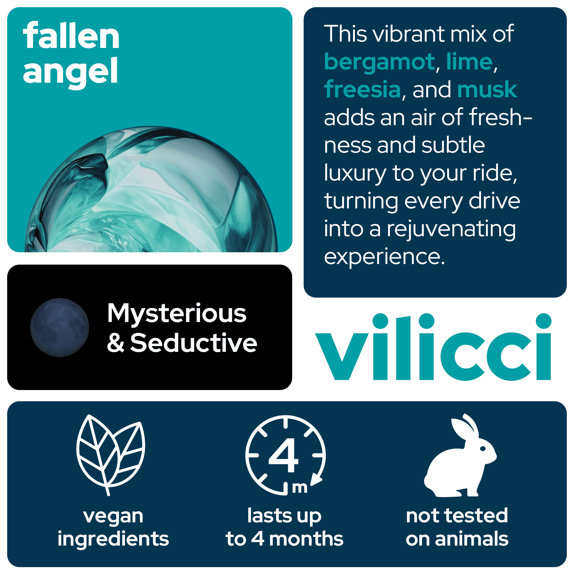 Vilicci Fallen Angel car diffuser scent card featuring bergamot, lime, freesia, and musk, described as Mysterious & Seductive with a fresh, luxurious aroma