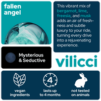 Vilicci Fallen Angel car diffuser scent card featuring bergamot, lime, freesia, and musk, described as Mysterious & Seductive with a fresh, luxurious aroma