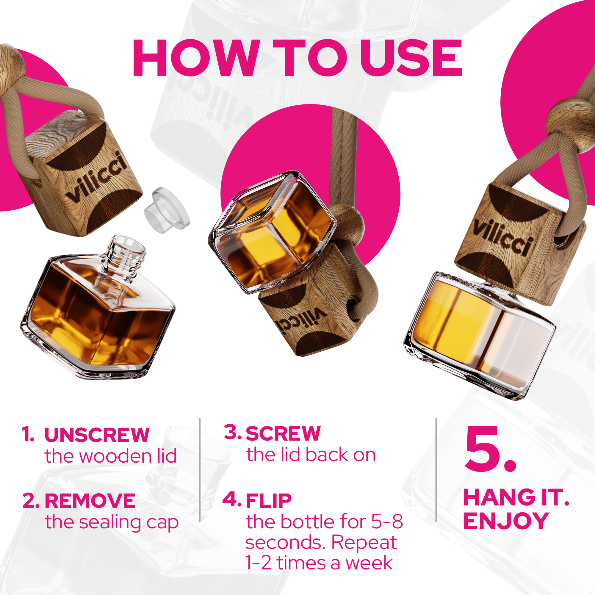 Step-by-step instructions showing how to use the Vilicci Liquid Fantasy car diffuser: unscrew lid, remove seal, flip, and hang