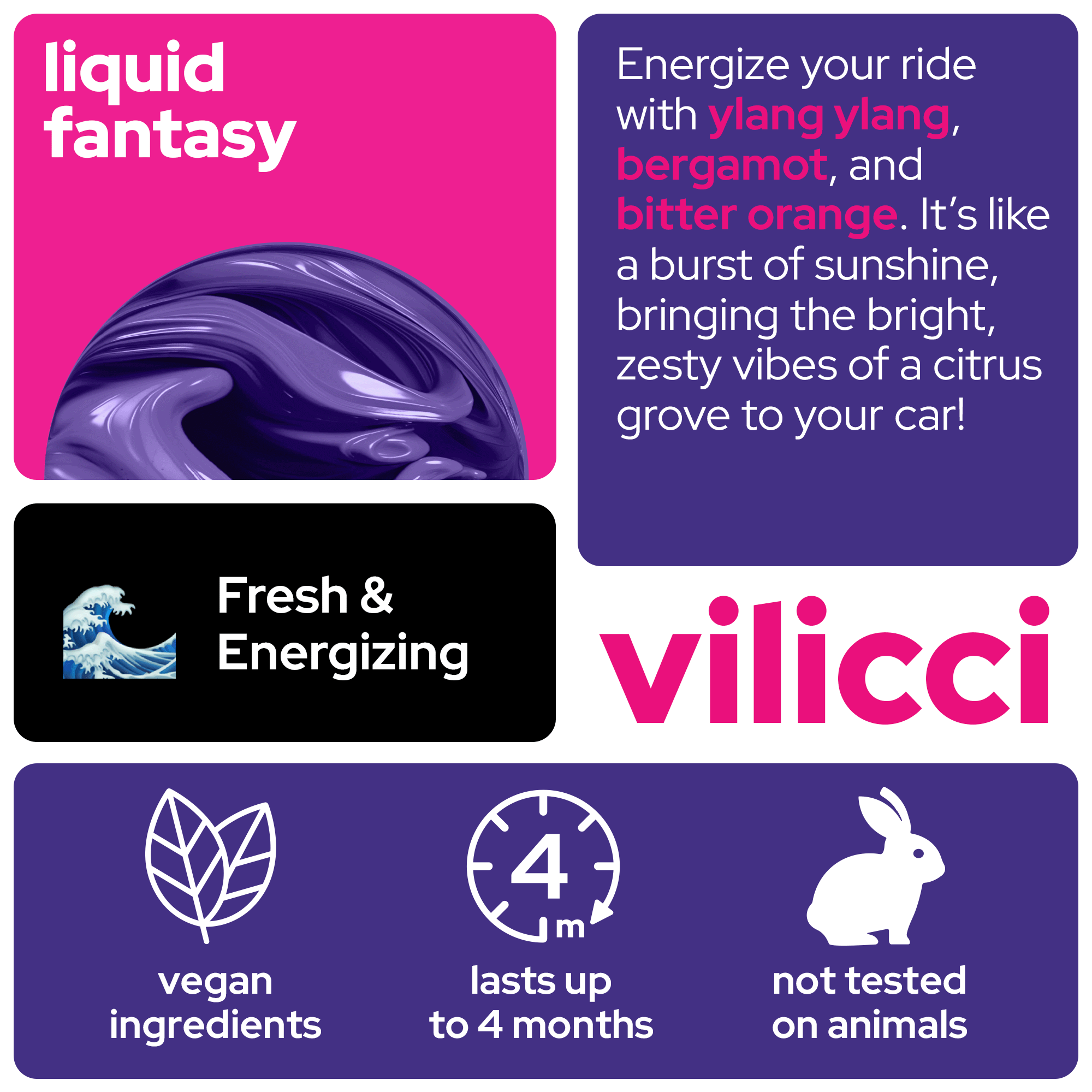 Vilicci Liquid Fantasy car diffuser scent card featuring ylang ylang, bergamot, and bitter orange with fresh & energizing citrus notes
