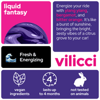 Vilicci Liquid Fantasy car diffuser scent card featuring ylang ylang, bergamot, and bitter orange with fresh & energizing citrus notes