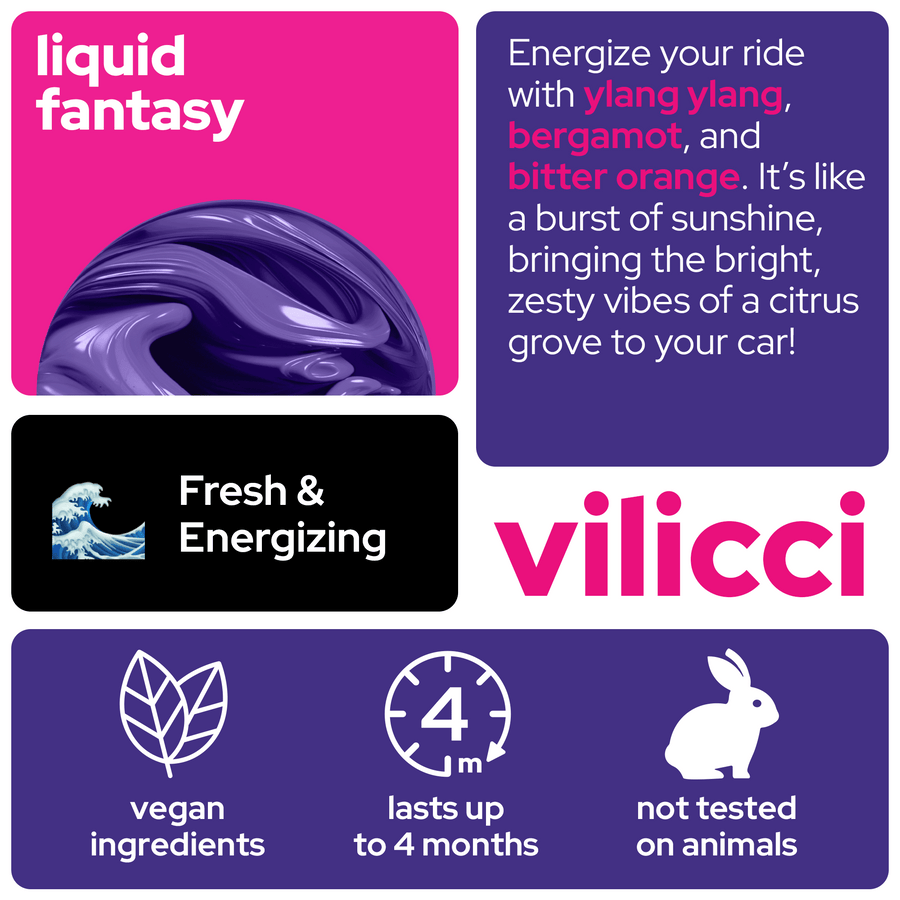 Vilicci Liquid Fantasy car diffuser scent card featuring ylang ylang, bergamot, and bitter orange with fresh & energizing citrus notes