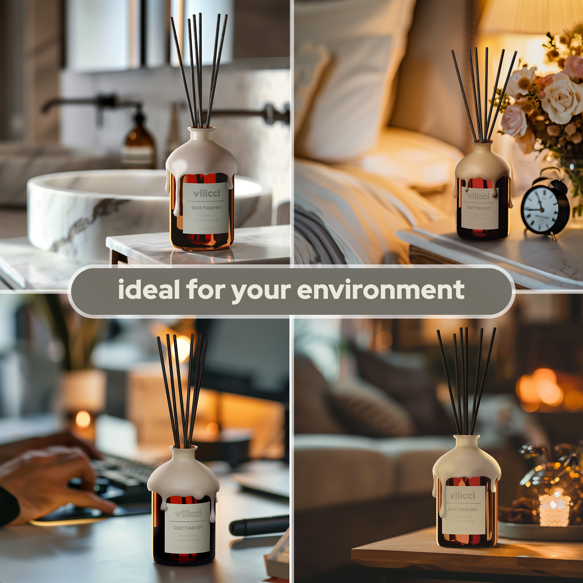 Vilicci Lost Heaven home diffuser shown across different home spaces including bathroom, bedroom, workspace, and lounge

