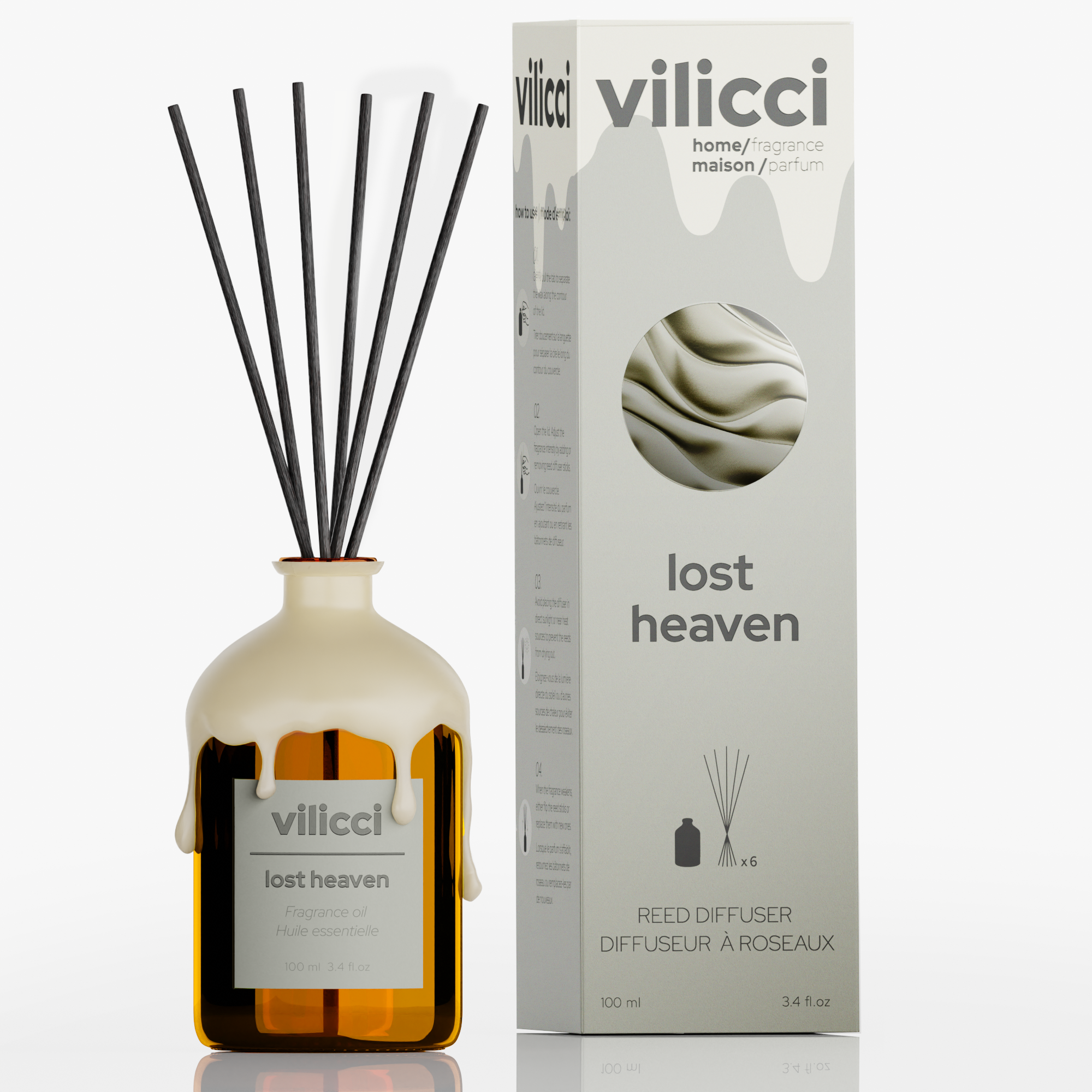 Vilicci Lost Heaven home diffuser in decorative cream-drip glass bottle with 100ml box packaging

