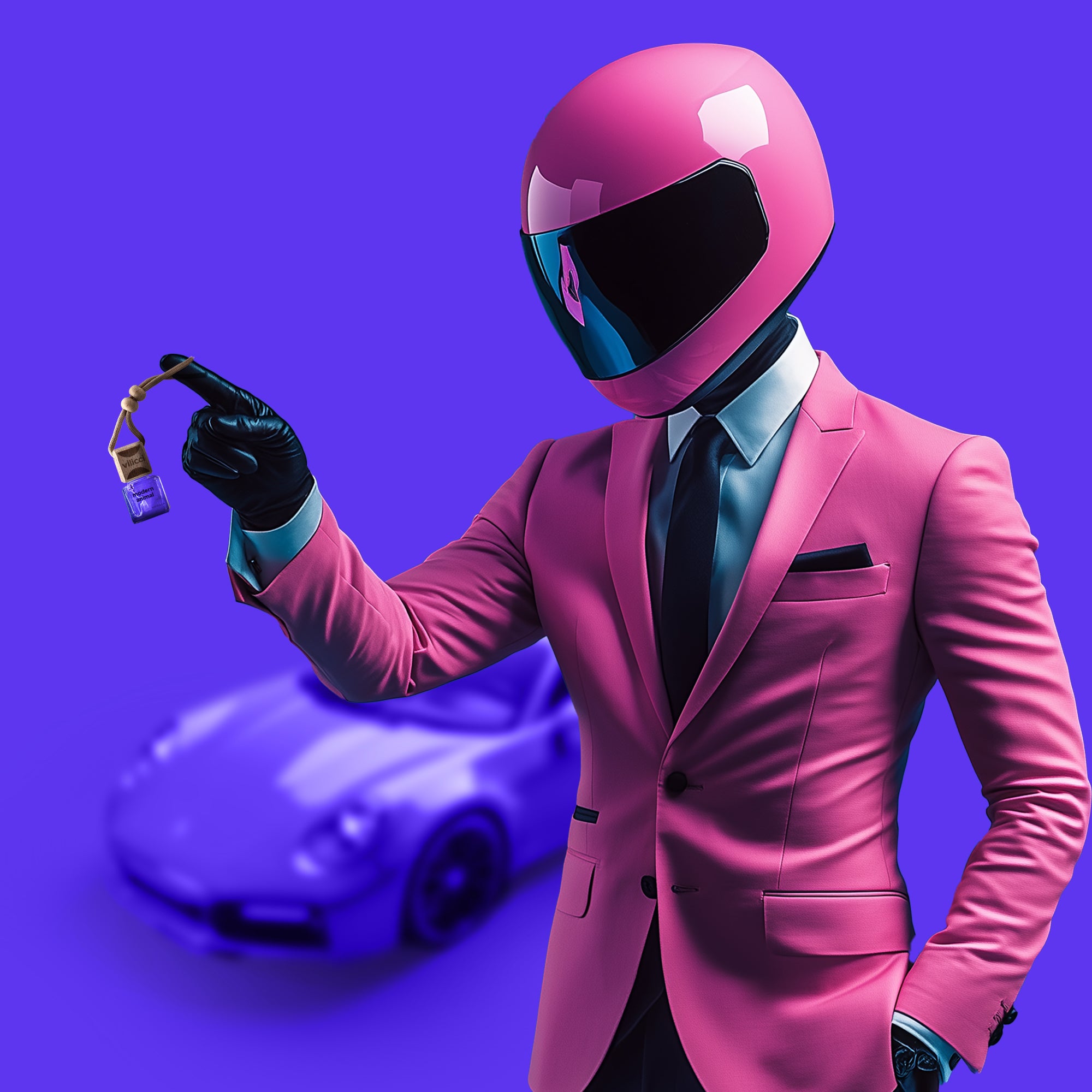 Mr. Licci, Vilicci’s mascot, holding a hanging car diffuser in front of a sports car

