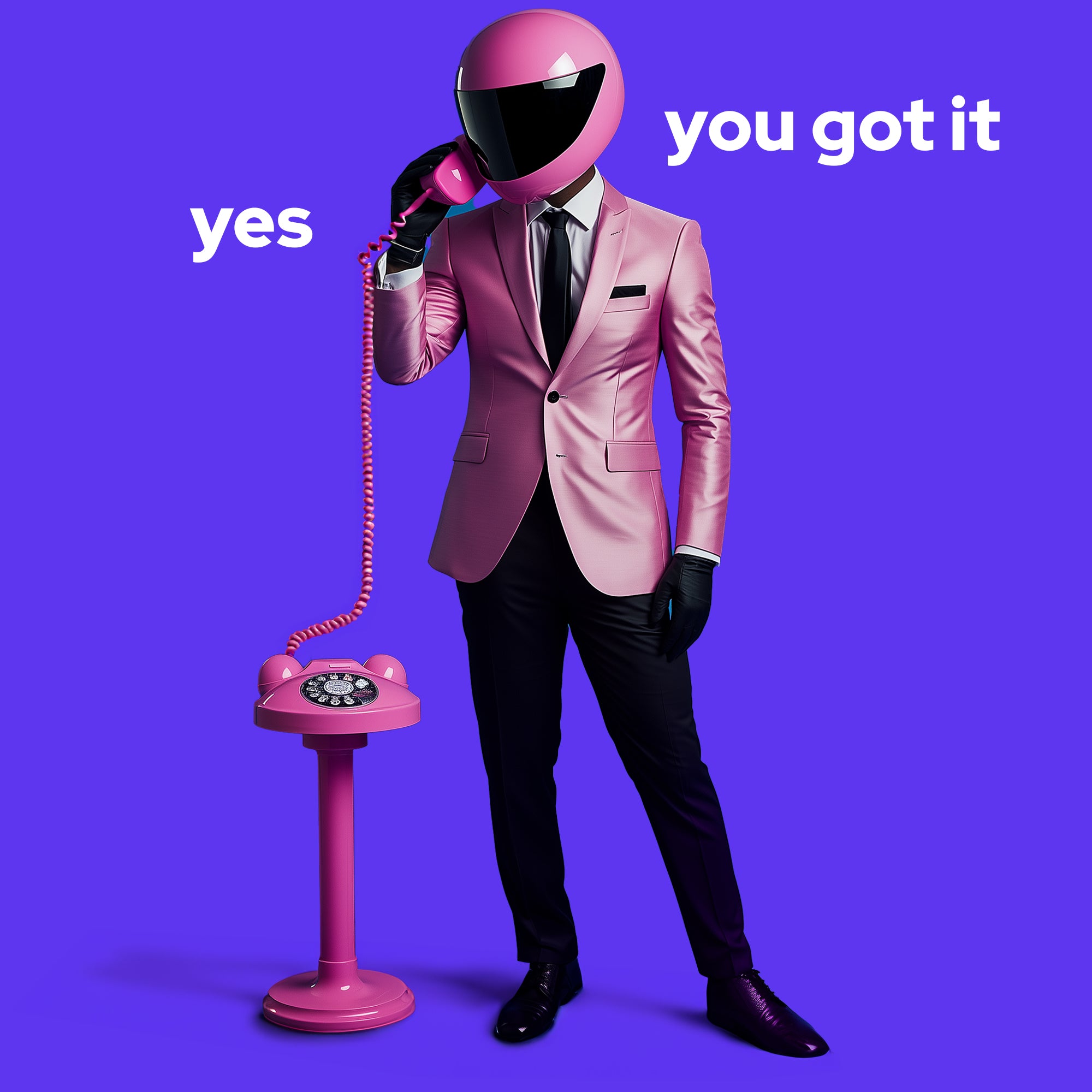 Mr. Licci holding a retro pink phone against a purple background with the words “yes, you got it”

