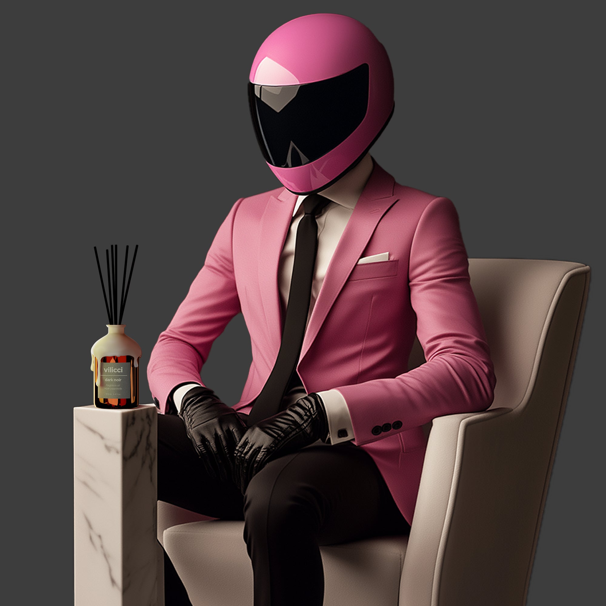 Mr. Licci, Vilicci’s mascot, seated beside a Dark Noir home diffuser on a marble stand