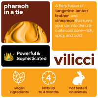 Vilicci Pharaoh In a Tie car diffuser scent card featuring tangerine, amber, leather, and cinnamon, with a bold Powerful & Sophisticated vibe


