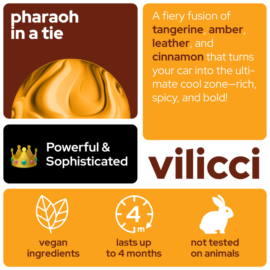 Vilicci Pharaoh In a Tie car diffuser scent card featuring tangerine, amber, leather, and cinnamon, with a bold Powerful & Sophisticated vibe

