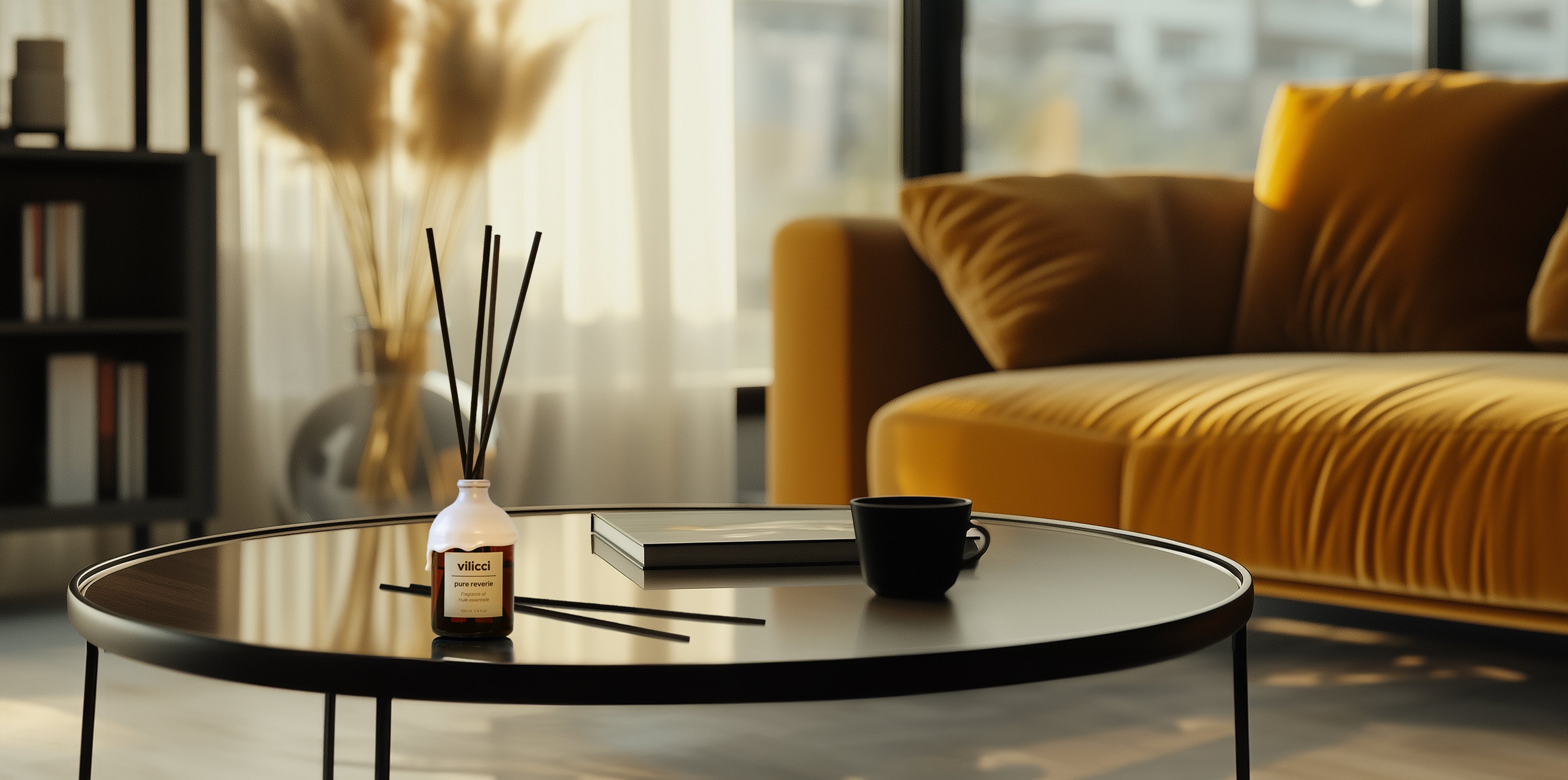 Vilicci Pure Reverie home diffuser on a modern coffee table in a softly lit living room

