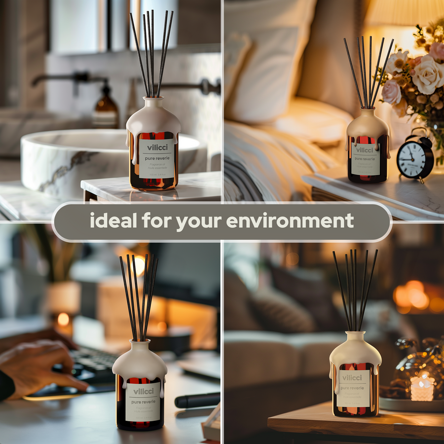 Vilicci Pure Reverie home diffuser displayed in bathroom, bedroom, office, and living room settings



