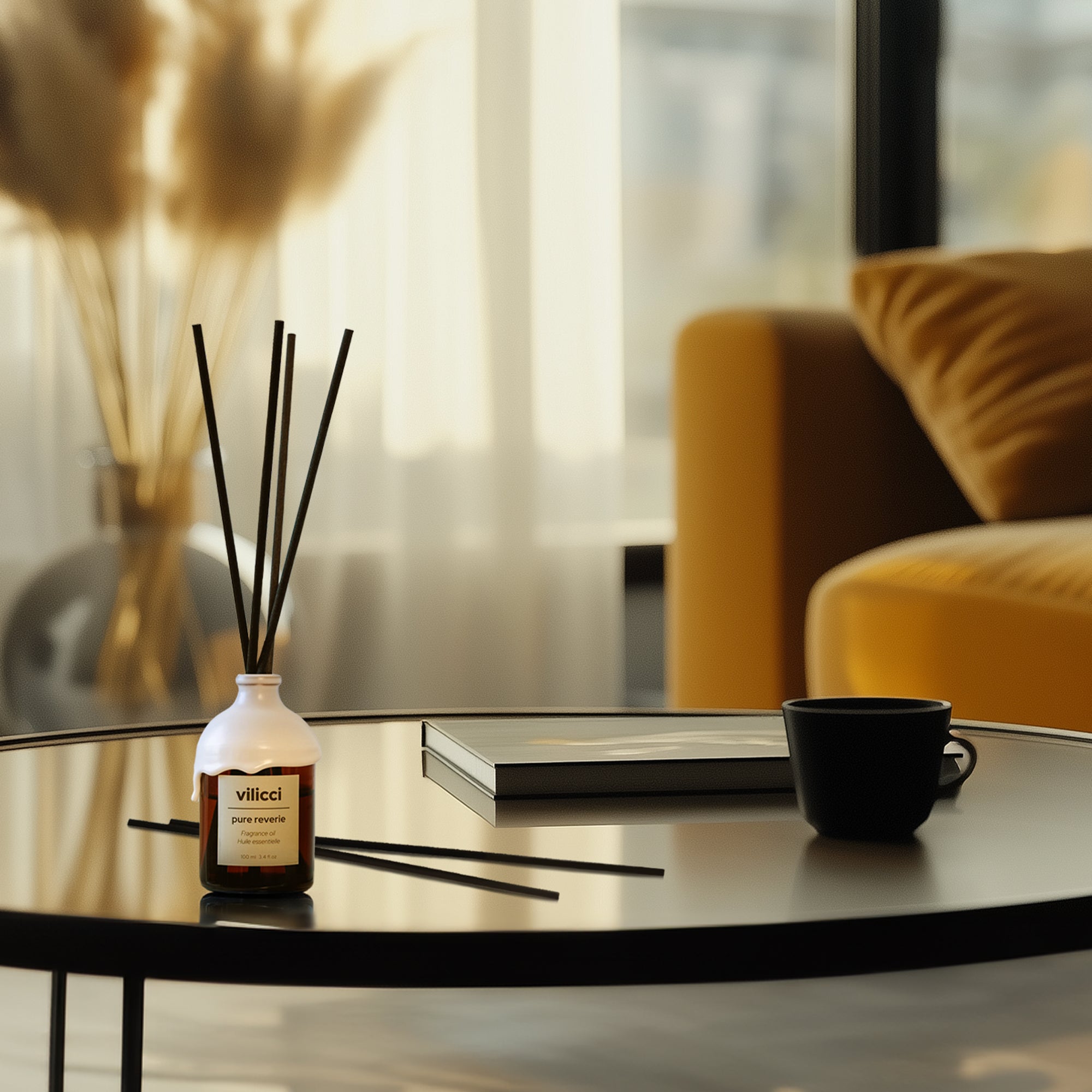 Vilicci Pure Reverie home diffuser on a modern coffee table in a softly lit living room

