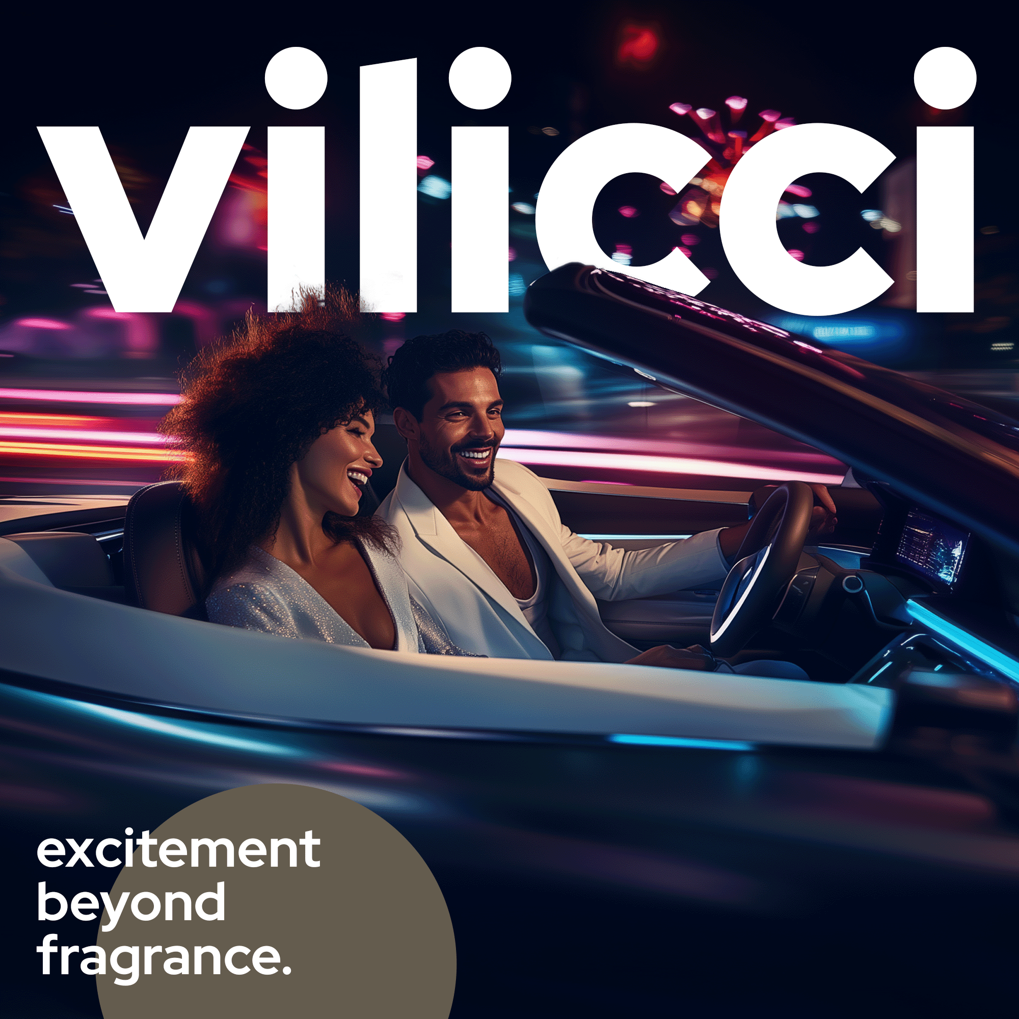Tobacco Vanilla car fragrance promoted in high-style driving scene with excitement beyond fragrance tagline