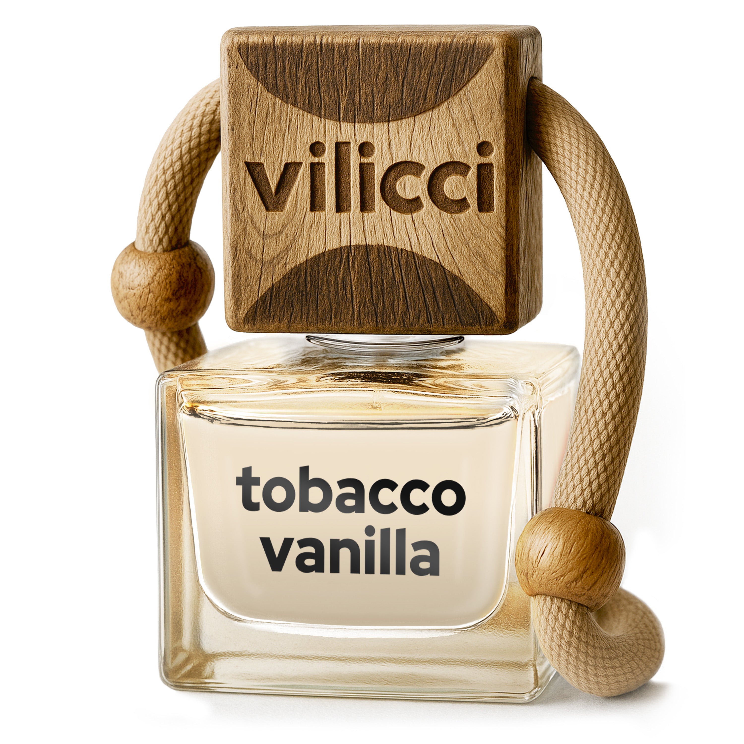 Vilicci Tobacco Vanilla car diffuser with natural wooden cap, warm-toned liquid, and rope hanger

